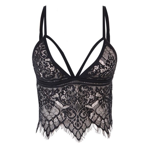 Sheer Eyelash Lace Strappy Crop Top Black & White - Picture 9 of 16